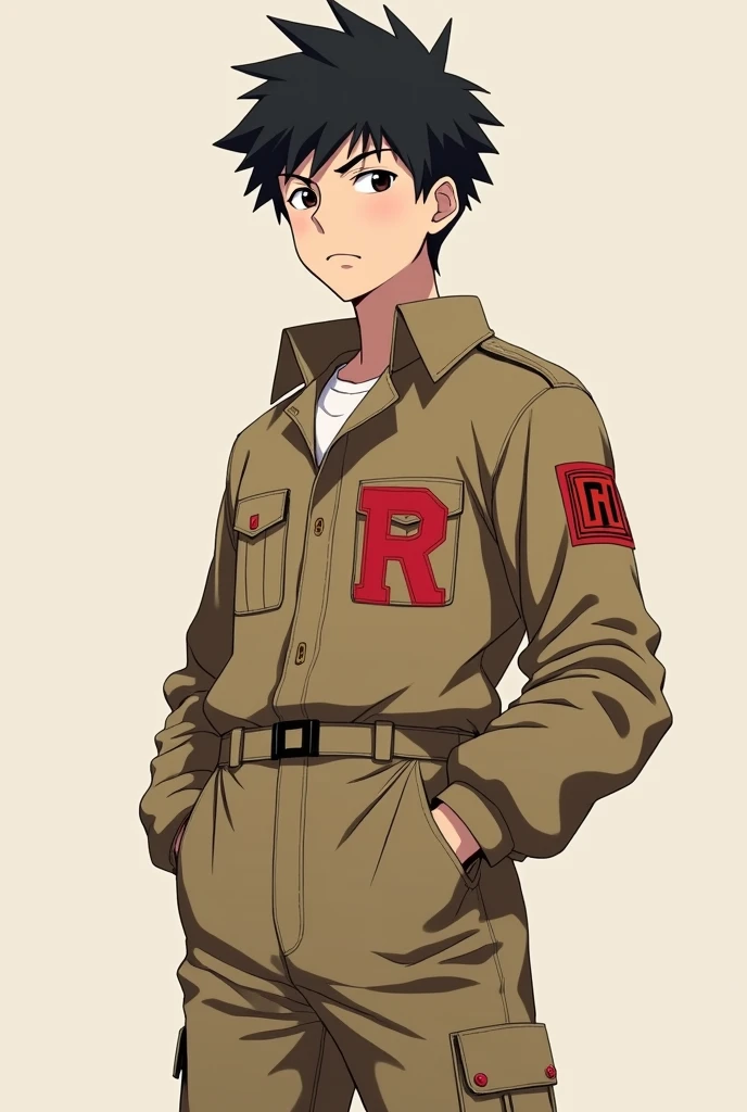 An anime character wearing an earth brown jumpsuit with an R on his chest and black hair.