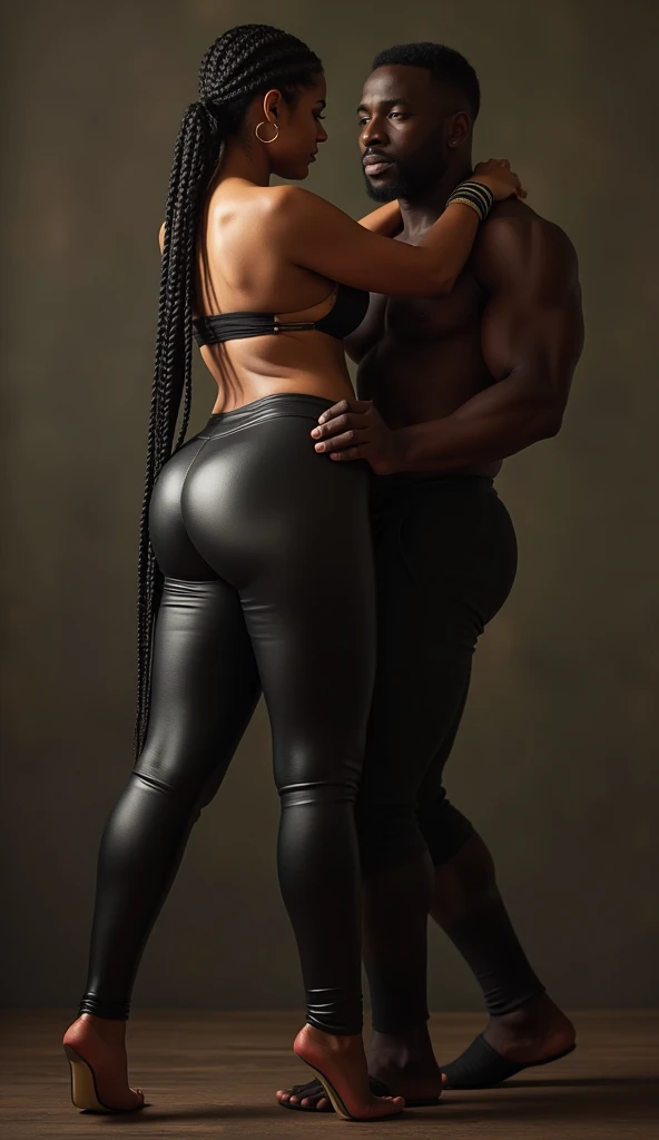 Big black cock naked black man squeezing the ass of a topless bent over chubby African girl in skin tight rubber latex leggings