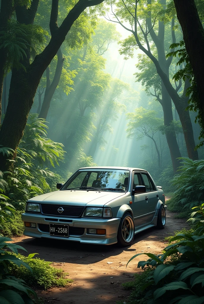 Nissan sunny n16 2000 manufacture car silvar colour car, wide bodykit in jungle. Number plate number HV-2588