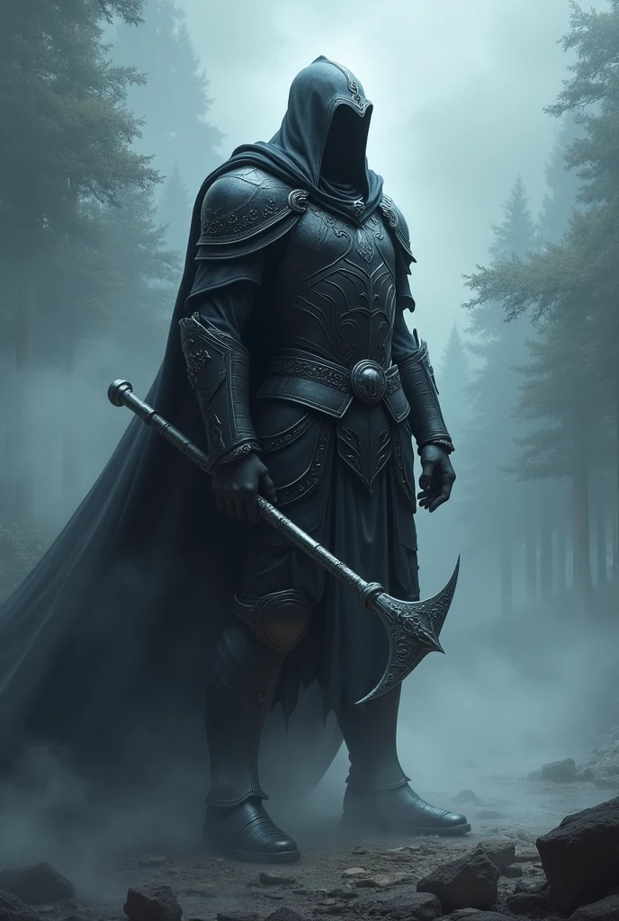 Dark paladin in the fog with halberd
