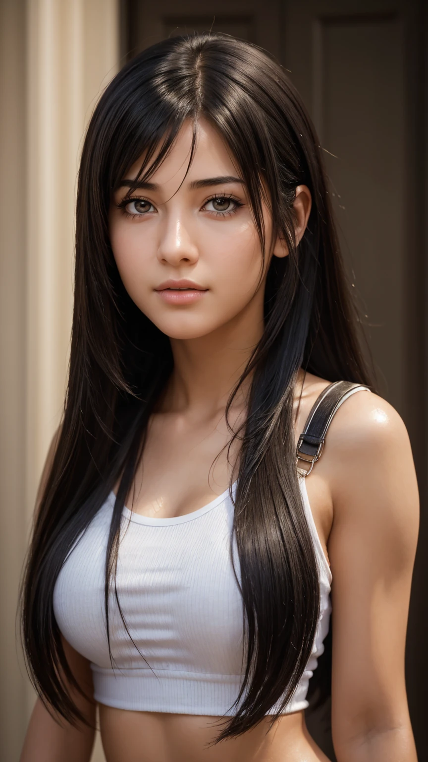 Close-up details, realistic style photo, tifa, black hair, long hair, outstanding style, tall, cute, in her s. Use soft lighting to cast gentle shadows on the subject, adding a touch of dimension to your images without compromising details, score_9, score_8_up, score_7_up
