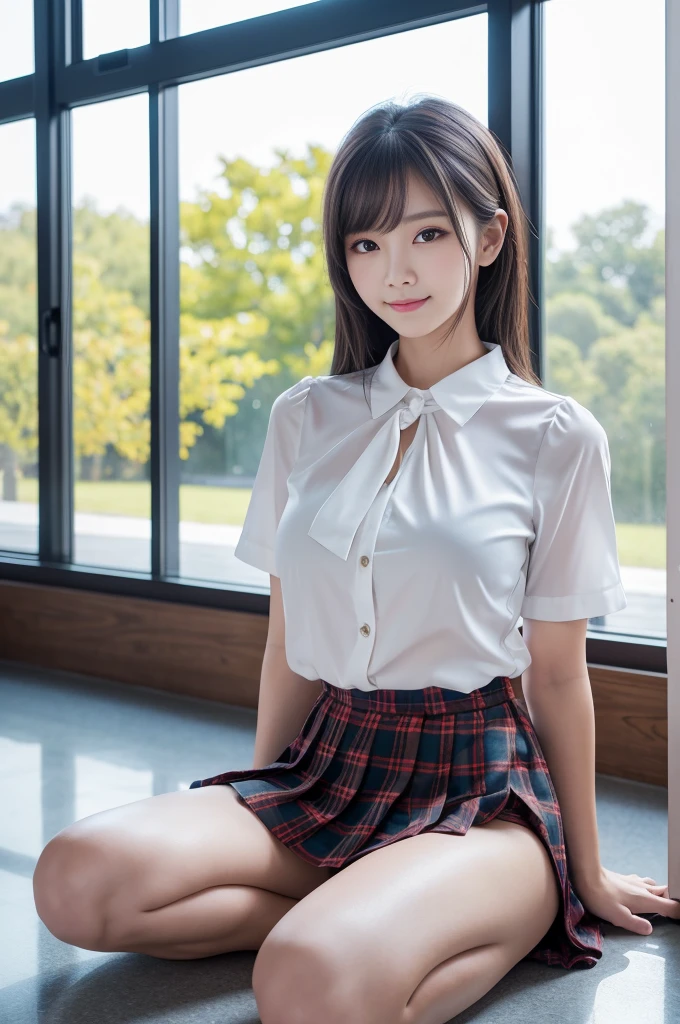 (8k, Photorealistic, Raw photo, Highest quality: 1.4),Japanese idol-style beautiful girl,1 person,17 years old,Hairstyle(Short Bob,Black :1.4),She has her hair tucked behind her ears,Large, clear grey eyes,Long eyelashes,Plump Cheeks,Thin and delicate shoulders,thin abdomen,(Pleated skirt(Plaid)Wearing),(She has a plain white short-sleeved blouse on, with all the buttons undone and the hem left untucked. :1.6),(The chest is wide open and the collarbone and bra are exposed.(Pink)is pictured),Wearing Black socks,School classroom,(Sit on a desk(Legs wide open :1.6)),(Place your hands on your ??????),(Angle from below the front),Full body portrait