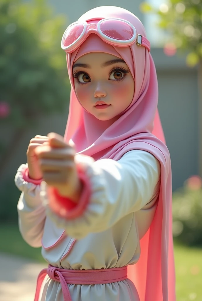 Malaysia girl a realistic masterpiece. Human . 1girl wearing a hijab, detailed beautiful face, Hijab Muslim. Wear long sleeve moder design white pink stripe white, minimalist flower on shirt. . Wear pink white.small Safety Pink google spectacle top of the head rubber band. Age 15 year old. Flying punch robot. Fast fly. Panning effect Photography . Jump on and have a super strong power.. punch . Fight pose. Bokeh background. At the garden. , detailed lips, long eyelashes. Hero, modest expression, delicate facial features, natural skin tones, , detailed folds and textures of hijab, natural lighting, high quality, photorealistic, 8k, best quality. Malaysia girl.