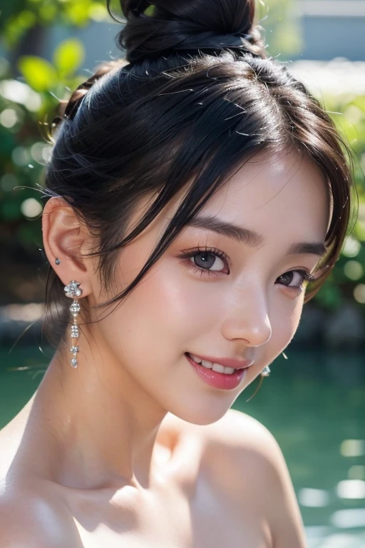 (22 year old Japanese beautiful girl,), (Perfect C-cup breasts,:1.5,),(solo,Textured skin, Detailed skin,Detailed face,Detailed eyes,detailed posing,Natural eyebrows,High detail, Highest quality, Super detailed, Surrealism, ,8k,RAW Photos,Photographicism,Professional Lighting,Ray Tracing,Aperture F1.2,Portrait Photography,Natural Light),(((Black Hair, Natural Makeup,Simple earrings,Bun Hair, accessories, A seductive smile, ))),((Water's Edge,Sit with one knee raised,reflection,Red bandeau bikini))