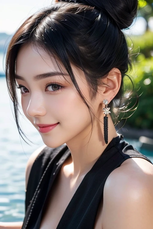 (22 year old Japanese beautiful girl,), (Perfect C-cup breasts,:1.5,),(solo,Textured skin, Detailed skin,Detailed face,Detailed eyes,detailed posing,Natural eyebrows,High detail, Highest quality, Super detailed, Surrealism, ,8k,RAW Photos,Photographicism,Professional Lighting,Ray Tracing,Aperture F1.2,Portrait Photography,Natural Light),(((Black Hair, Natural Makeup,Simple earrings,Bun Hair, accessories, A seductive smile, ))),((Water's Edge,Sit with one knee raised,reflection,Red bandeau bikini))