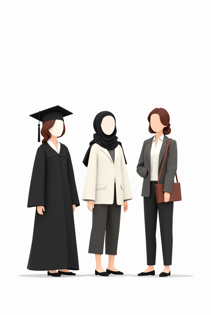 Three cartoon white tone women, one on the left wearing a black graduation uniform, one in the middle wearing a white highschool uniform, including a hijab, and one on the right wearing an office worker uniform.