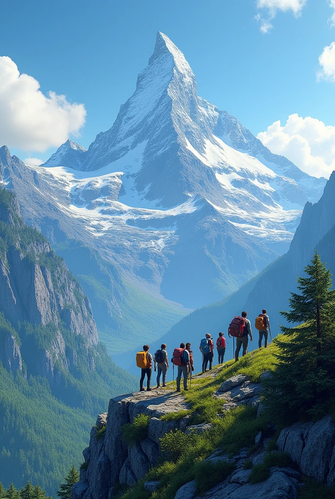 There should be a big mountain with 10 people and lots of green trees on it.