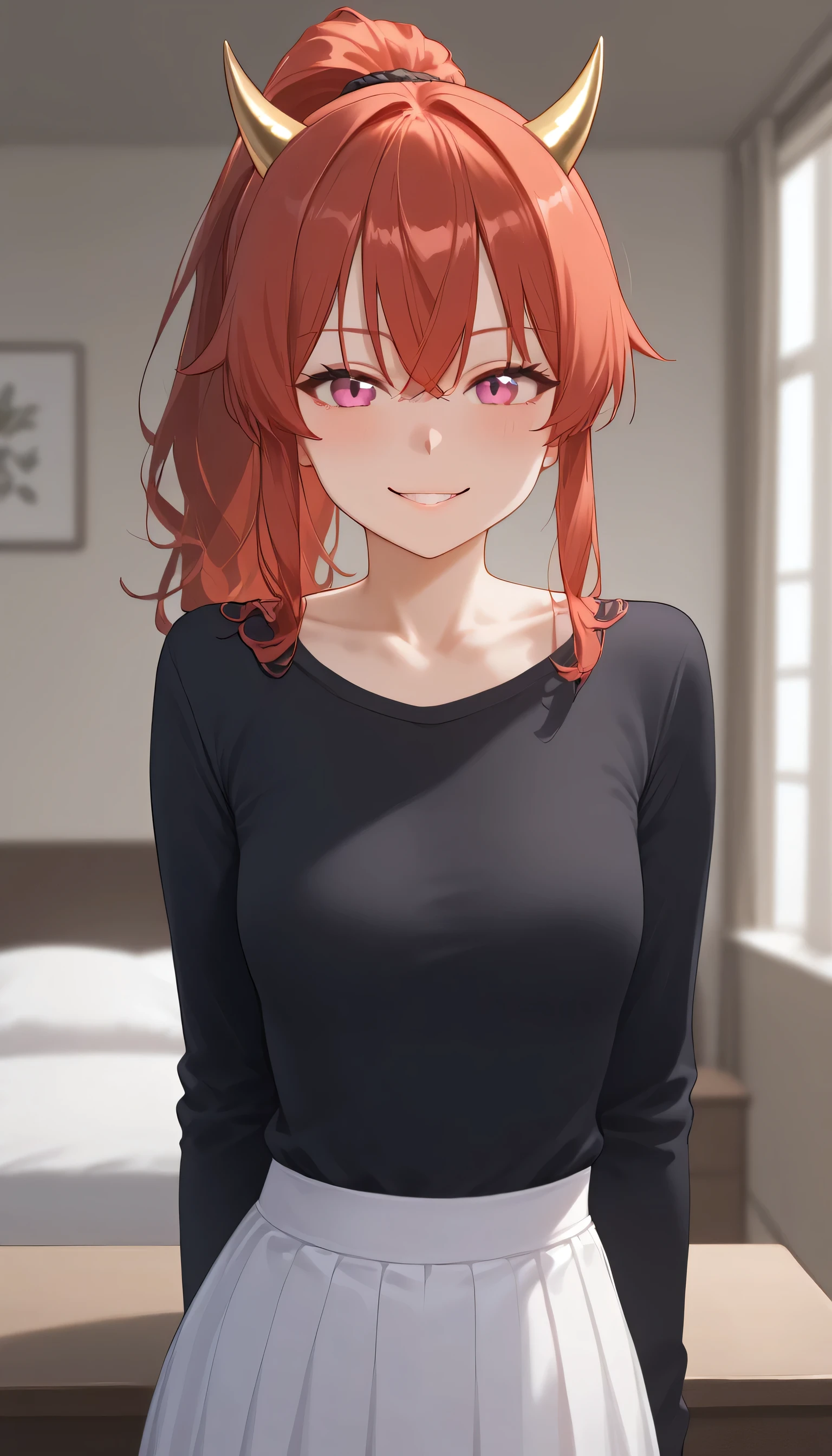 shiny skin, 1girl, ponytail hairstyle, parted lips, white skirt, bangs, hair tie, pink eyes, Heterochromia eyes, (cat pulils), blush, breasts, shirt, small breasts, solo, looking at viewer, red hair, long red hair, black shirt, closed mouth, long sleeves, ponytail hairstyle, collarbone, smile, large smile, ((small horns, gold horns, horns towards the bangs, the ends of the horns are on the bangs, dragonian))