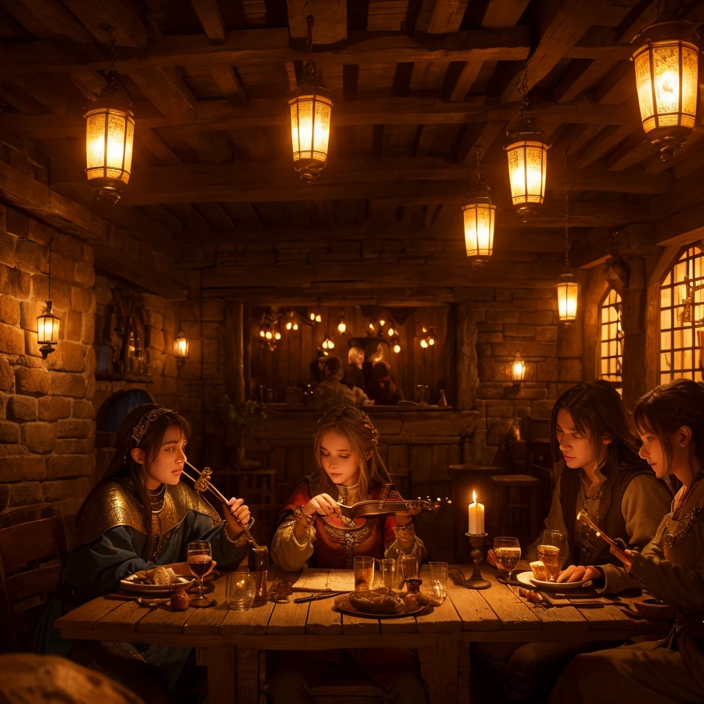 A medieval fantasy tavern scene, traveling musician performing music, beautiful detailed interior, candlelight, warm tones, glowing lanterns, wooden furniture, stone walls, detailed characters, atmospheric lighting, rich textures, highly detailed, masterpiece, 4k, cinematic, dramatic, fantasy art