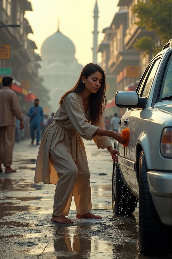 Girl washing a car in Islamabad