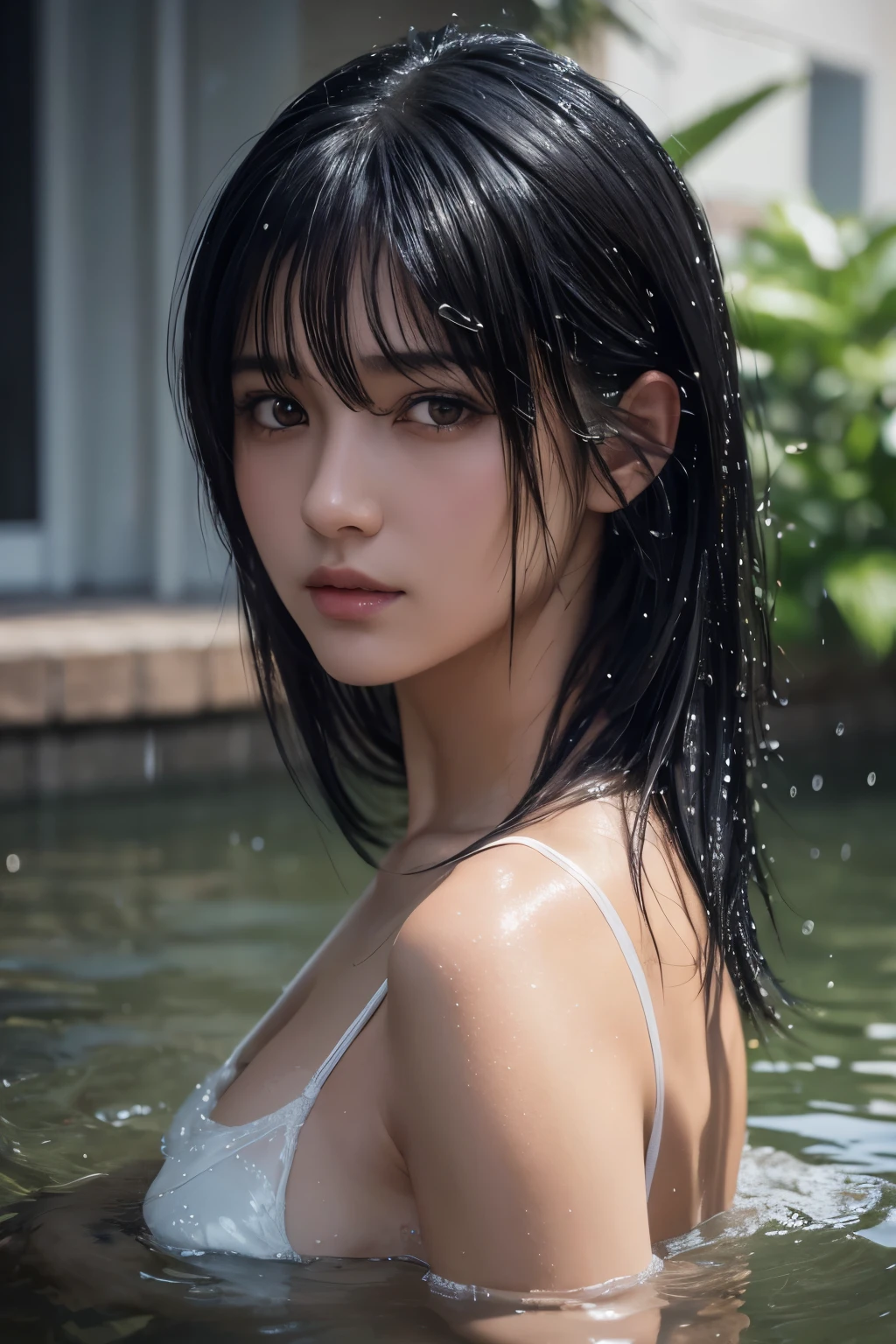 highest quality, masterpiece, ultra high resolution, (realistic:1.4), RAW photo, 1 girl, black hair, shiny skin, wet body, dramatic lighting, whole body, Female dog, micro bikini, huge breasts