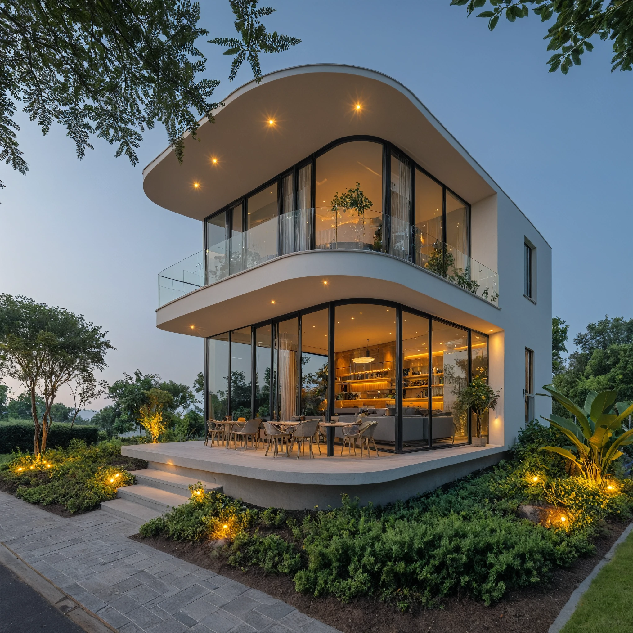 Boss of&#39;ouvrages d&#39;art, high quality, best quality, authentique, Great detail, En plein air, plain-piedVilla XL, groupe, style de maison moderne dans la rue ,stairs, white wall ,road,pavement, grass, trees, sky, clouds, (day light:1.1)
