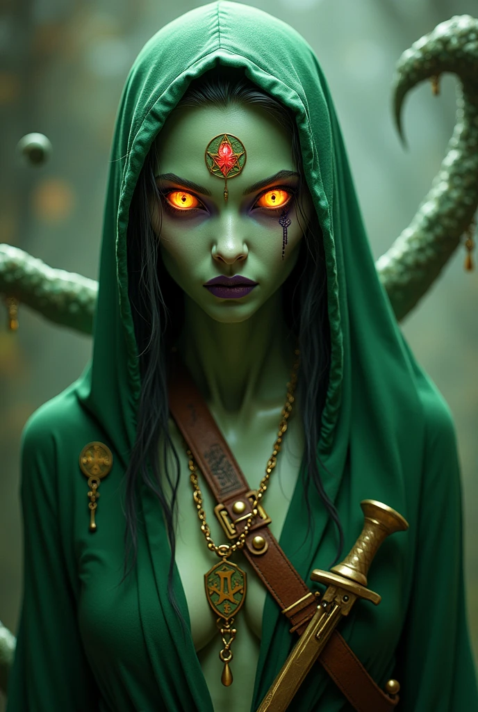 A light green, feminine, humanoid male creature with elastic skin, golden, glowing eyes with a red, longitudinal pupil, and long snakes instead of hair., with purple lips and two small sharp fangs protruding from the mouth, dressed in a green robe with the hood thrown back.On the forehead there is a red inverted cross.Around his neck hangs a mithril inverted pentagram on a mithril chain..In his hand is a long golden saber with the number "666" on the guard.On a leather strap hangs a Mauser C96,revolver "Nagant" and personalized dagger.
