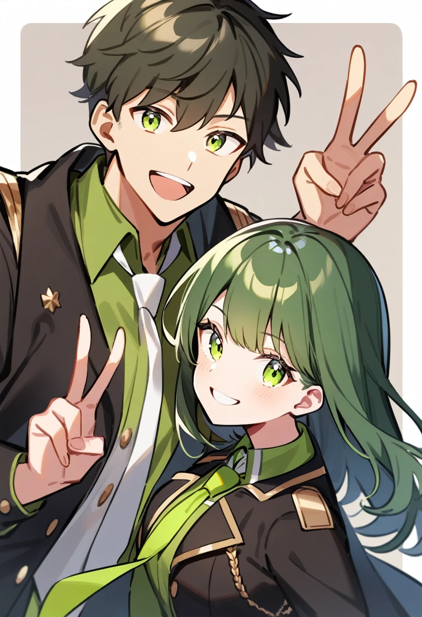 1boy and 1girl, smiling, posing together, wearin lime tie, wearing dark green coat, high schooler, looking at viewer, making peace sign, half body shot