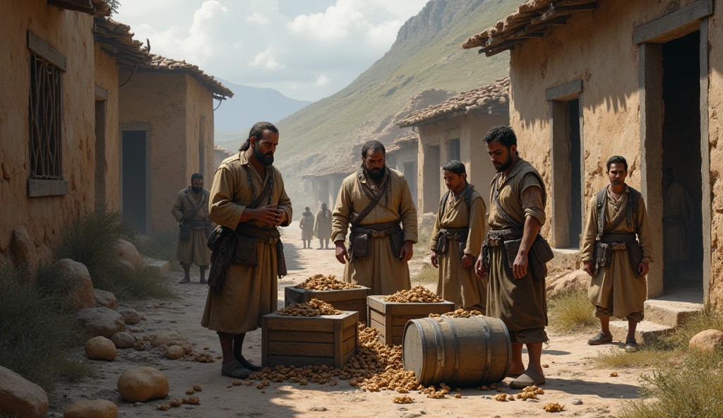 : A depiction of worried settlers examining nearly empty storage barrels and crates, with expressions of concern and anxiety, while the settlement looks increasingly worn and barren.