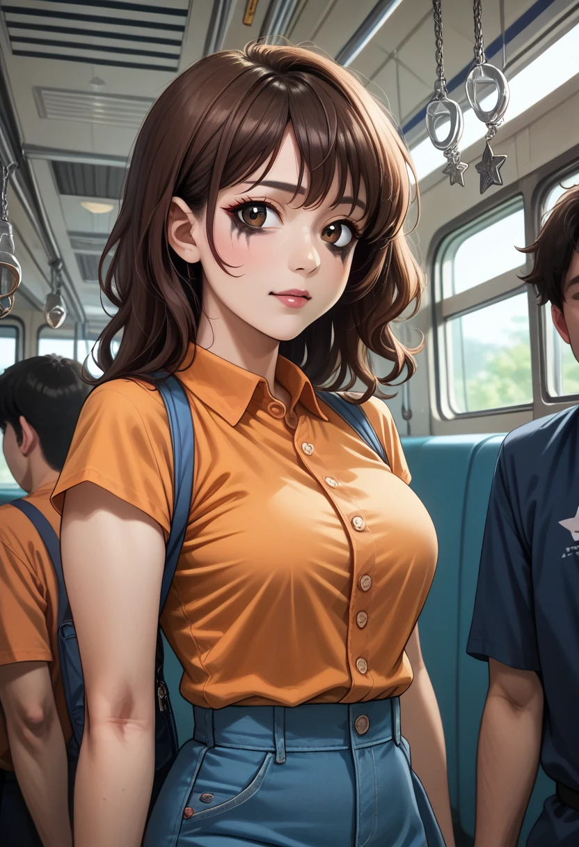 realistic photos of (1 cute Korean star) flipped hair, thin makeup, medium breasts size, orange polo shirt, at the train station, clear facial features of Canon EOS, 16k, high resolution, sharp and realistic details,  overexposure, cut-in, UHD, highres, best quality