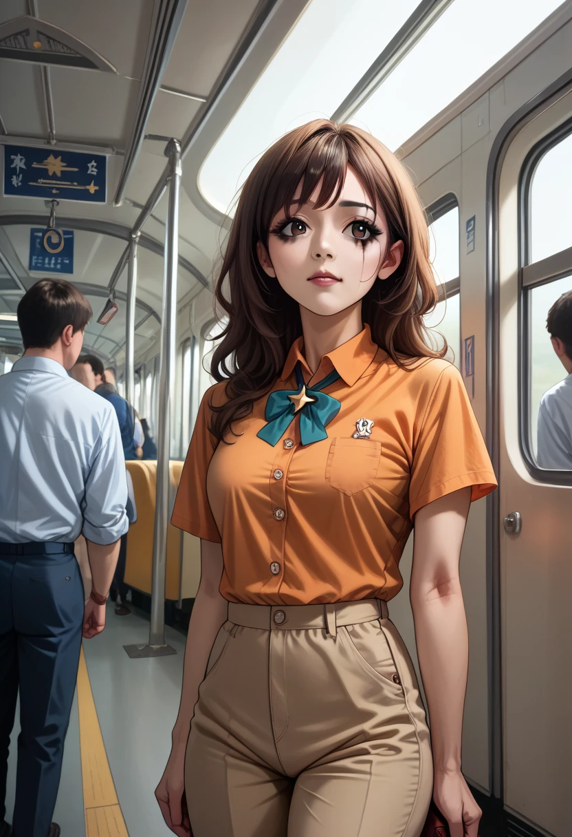 realistic photos of (1 cute Korean star) flipped hair, thin makeup, medium breasts size, orange polo shirt, at the train station, clear facial features of Canon EOS, 16k, high resolution, sharp and realistic details,  overexposure, cut-in, UHD, highres, best quality