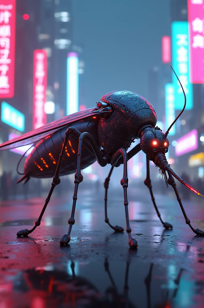 A mosquito in cyberpunk costume in neon city