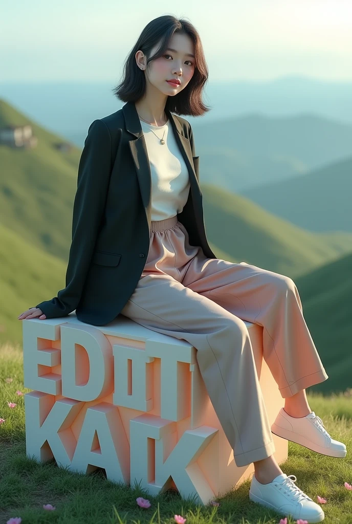 a beautiful Asian girl aged 20 wearing cool clothes. sitting on a 3d text block that says "editin kak". background view from the hill