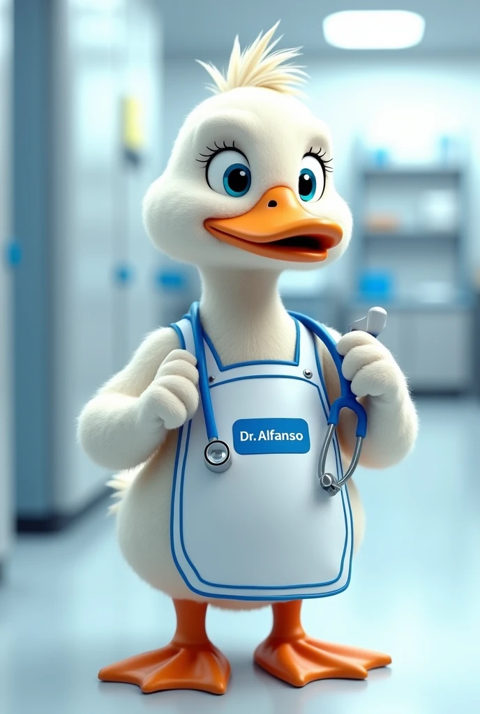 Create a duck with stethoscope,white and blue apron ,for pharmaceutical company,logo appearance,Dr. Alfanso written