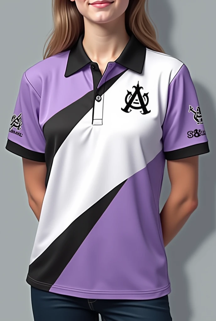 lay out design for our class polo shirt we are senior high school students and our strand is GAS,use this colors white black and lavender,make it unique 