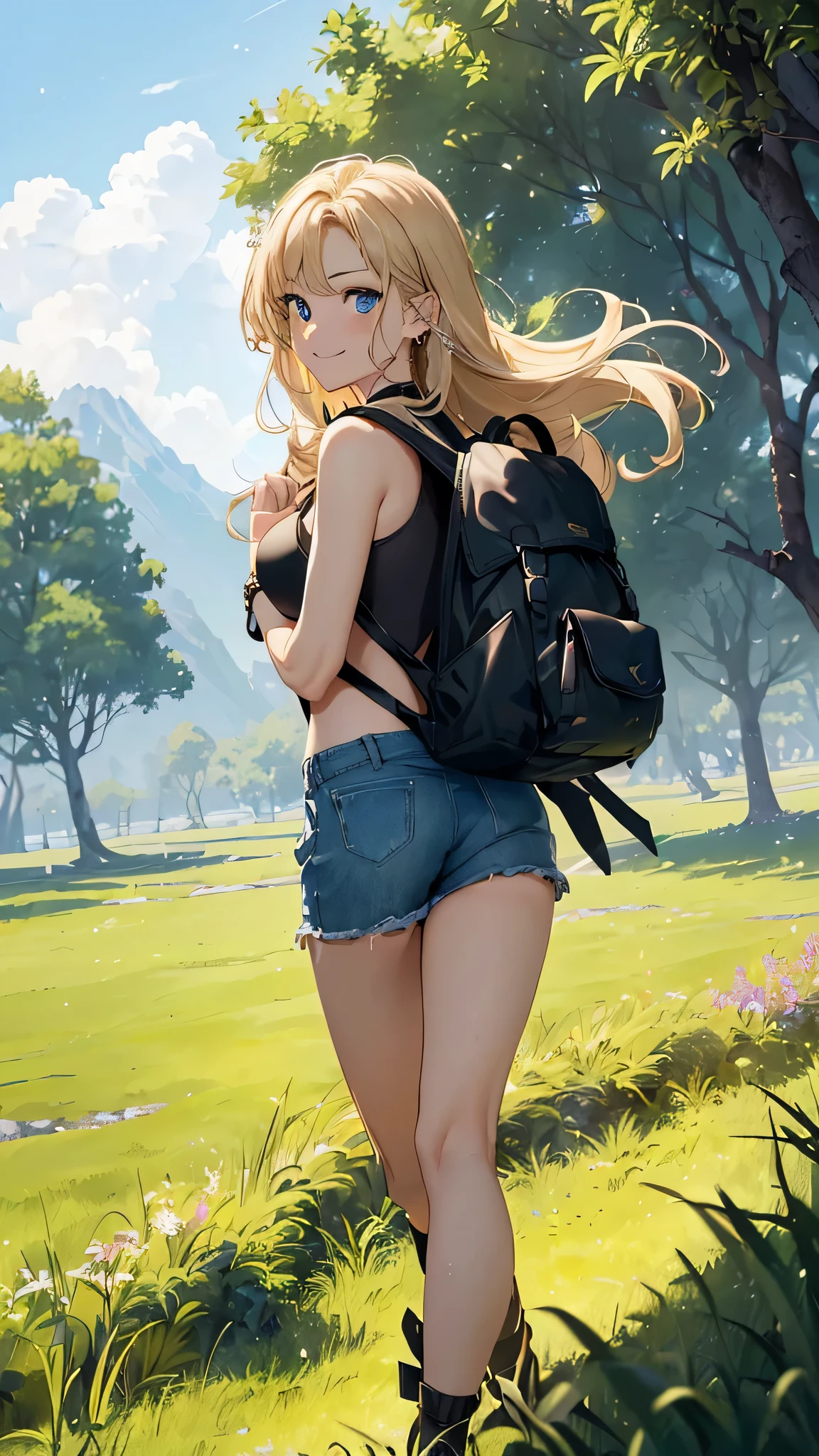 最high quality、Best image quality、masterpiece、woman((18-year-old、Sportswear、Black sports bra、Blue shorts、Best Bust、Bust 85、Blonde、Long Hair、blue eyes、Open your chest wide、valley、happiness、Black wristband on wrist、Slender、smile、耳Nipple Ring、running、The wind is blowing、sweating、Hunchback、Black Rucksack))high quality、Visual Arts、background((grassland、Grass path))、Tabletop、