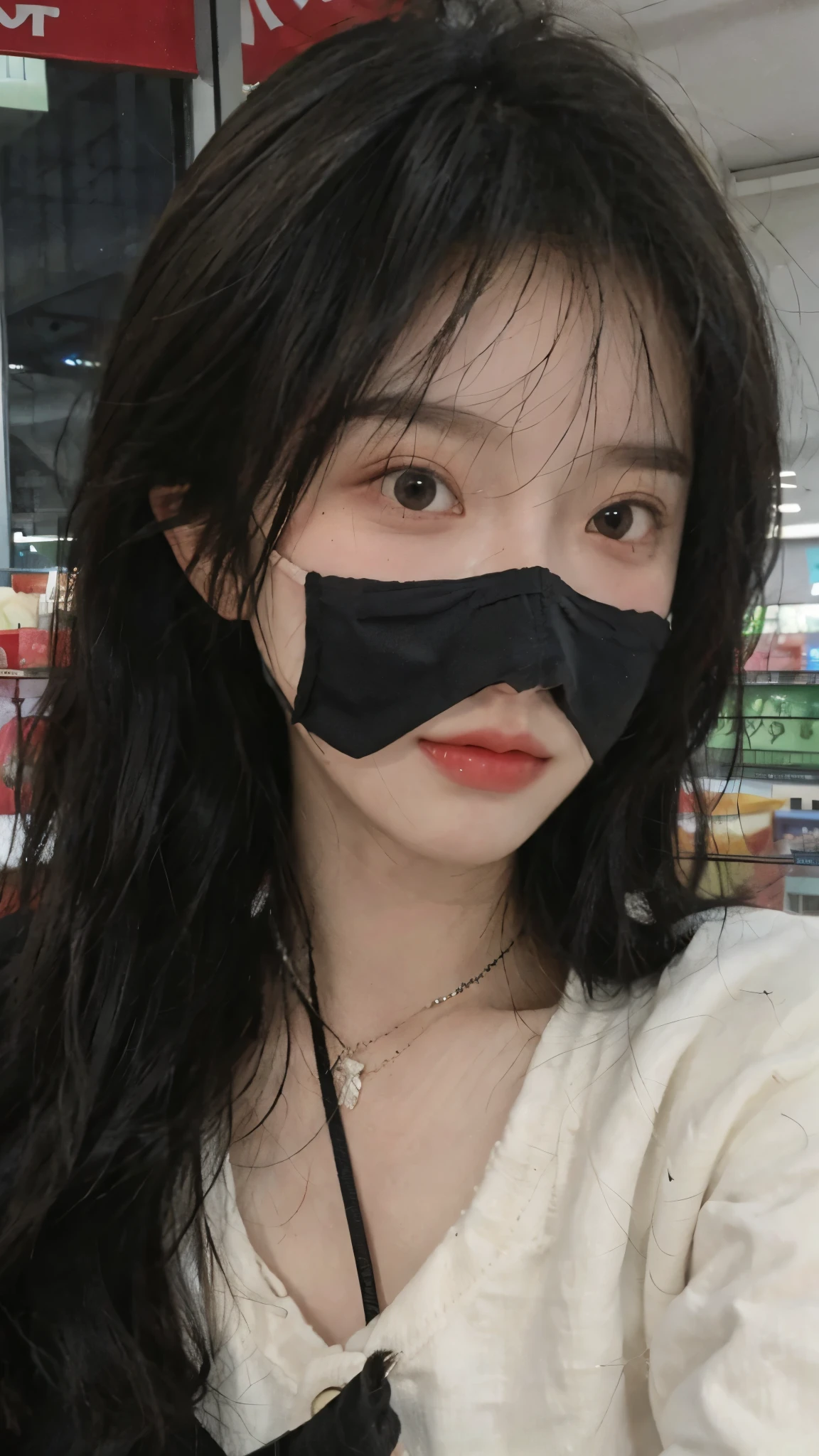 wear mask，Best quality，wear mask，Ultra-high resolution,(Realism:1.4)，wear mask：1.4，Cute hairpins，girll,Cropped black sweater，wear mask，Look directly at the audience，Full of atmosphere，Beautiful woman with a slim figure:1.4，wear mask，supermarket，whole body，Super delicate face，Exquisite eyes，Double eyelids，necklace，wear mask，