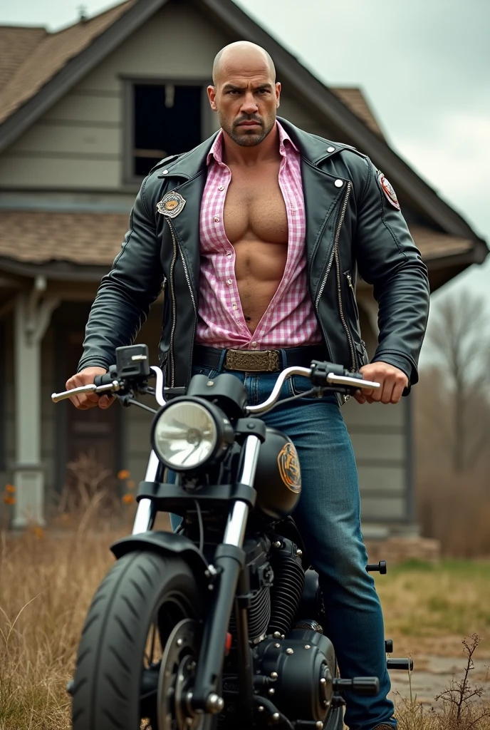 Body builder bald white men wearing unbuttoned pink double pocket check shirt and black leather jacket with logos on heavy motor bike outside an abandoned old home