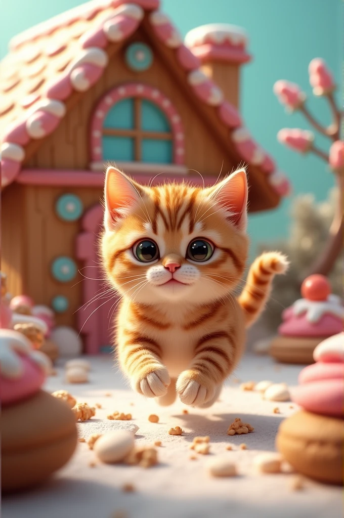 A cute cat running around a cookie house 