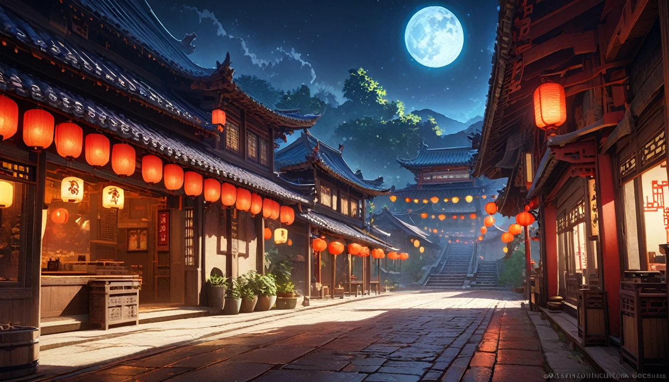 Official Art, ancient China, Ancient Street, (night), (moon), Light, beautiful scenery, Magnificent scenery, Realistic lighting, masterpiece, high quality, Beautiful graphics, High Detail, Global Illumination, Unreal Engine Rendering, Octane Rendering, (high resolution:1.3)