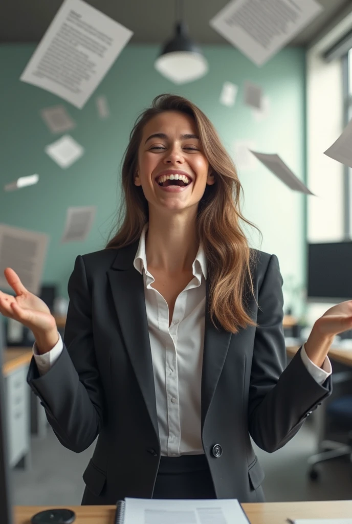 office girl laughing at papers flying at the computer screen