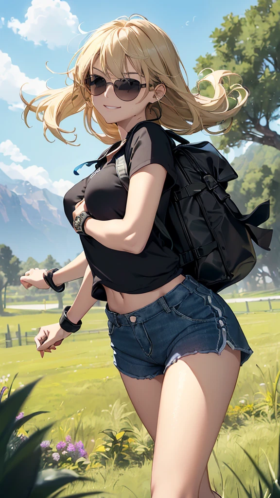 最high quality、Best image quality、masterpiece、woman((18-year-old、Sportswear、Black sports bra、Blue shorts、Best Bust、Bust 85、Blonde、Long Hair、blue eyes、Open your chest wide、valley、happiness、Black wristband on wrist、Slender、smile、耳Nipple Ring、running、The wind is blowing、sweating、Hunchback、Black Rucksack、Sports Sunglasses)）high quality、Visual Arts、background((grassland、Grass path))、Tabletop、