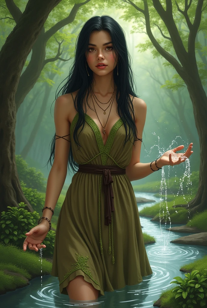 A girl with long straight black hair, dark brown eyes, wearing a modest brown and green tribal dress with some moss green thread patterns, water magic 