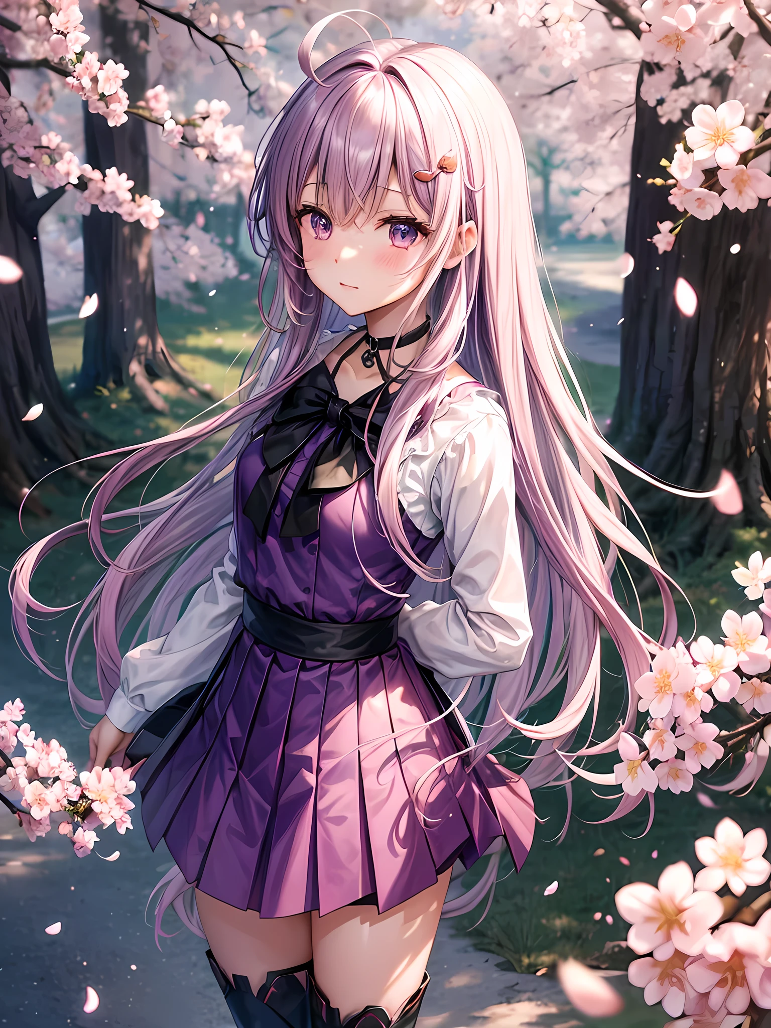 Shrinkage rate, Depth of written border, Highest quality, Yuitsuki Yukari, Long Hair, A lovely windy day, alone, View your viewers, Speckled sunlight,Cherry blossom petals, Standing position, look back, Shrinkage rate, Depth of written border, Highest quality, Yuitsuki Yukari, A lovely windy day, alone, Speckled sunlight,Cherry blossom petals, Standing position, look back, secretary, Purple-tinged hair, Small breasts, Not a good style, break,Ayukari,Ahoge,Long Hairの短い髪,hair ornaments,Purple Dress,Crisscross halter neck,Hooded jacket,Long sleeve, purple neckerchief,Grey Skirt,Black knee socks,boots, Chukari,Long Hairの短い髪,hair ornaments,Hair Clip,choker,Crisscross halter neck