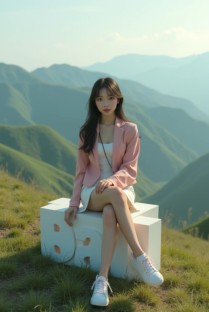 a beautiful Asian girl aged 20 wearing cool clothes. sitting on a 3d text block that says "editin kak". background view from the hill