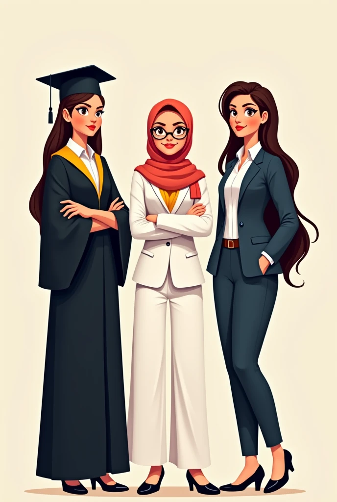 Three cartoon women,
one on the left wearing a black graduation uniform (black hair), she is 2.
one in the middle wearing a white highschool uniforms with a pink hijab, she is 2.
and one on the right wearing an black office worker uniform (black hair), she is 3.