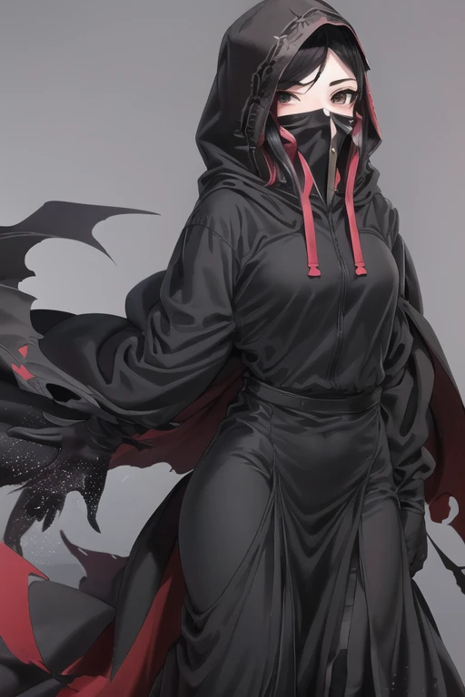 NNAssassinFSF, 1girl, solo, black hair, long cape sleeves, sleeves covered hands, long skirt, robe dress, long cape, cape, black cloak, hood up, black robe, covered mouth, white gloves, mask, hooded cloak, ((masterpiece, best quality)), happy eyes, cape arms, arms behind,