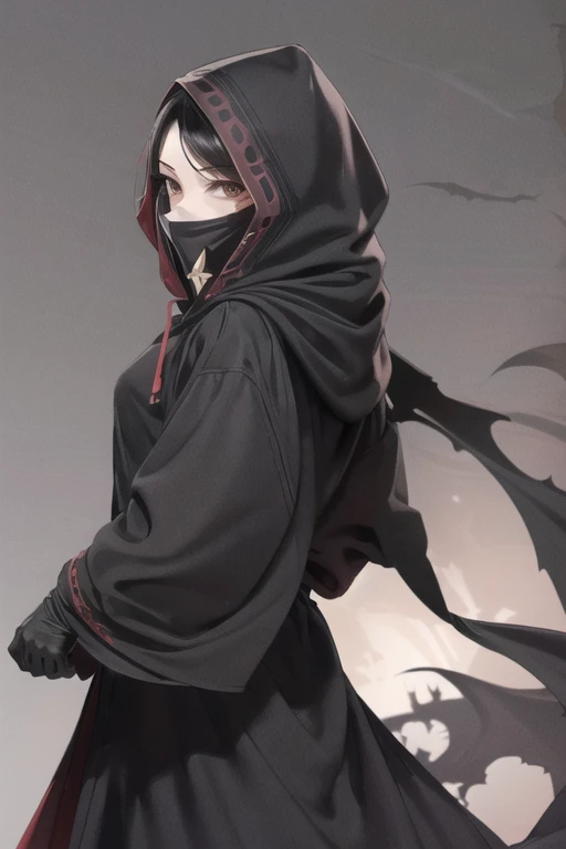 NNAssassinFSF, 1girl, solo, black hair, long cape sleeves, sleeves covered hands, long skirt, robe dress, long cape, cape, black cloak, hood up, black robe, covered mouth, white gloves, mask, hooded cloak, ((masterpiece, best quality)), happy eyes, cape arms, arms behind,