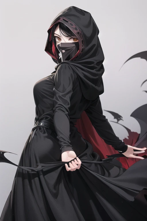 NNAssassinFSF, 1girl, solo, black hair, long cape sleeves, sleeves covered hands, long skirt, robe dress, long cape, cape, black cloak, hood up, black robe, covered mouth, white gloves, mask, hooded cloak, ((masterpiece, best quality)), happy eyes, cape arms, arms behind,