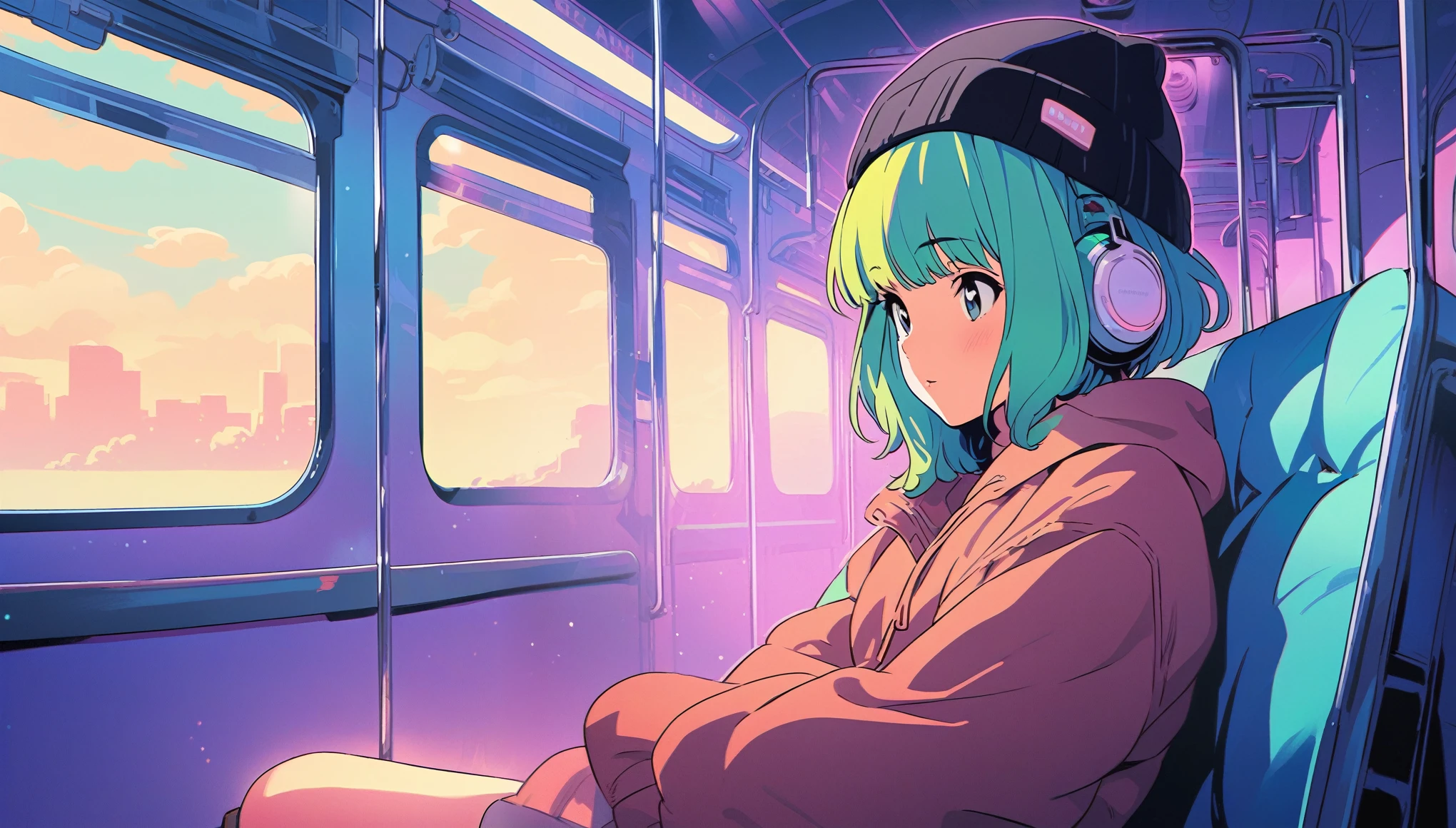 (extremely detailed CG unity 8k wallpaper), (best quality), (best illustration), (best shadow), realistic lighting, beautiful detailed reglow, masterpiece, best quality, lofi artstyle, lofi art, 80s anime style, Retro, Lo-Fi, 1girl, solo, short hair, green hair, sitting, window, headphones, ground vehicle, train interior, anime, bangs, beanie, black headwear,