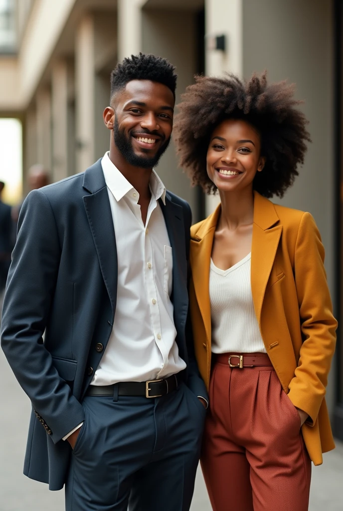 Create an AI image of my friend and I.
I am a young guy. I have a short afro. I am dress in smart casual style. I am black. She's blck but a bit lighter than i. She's a bit shorter than i am. She's beautiful with natural hair. We are both in law school. We're fun people. She's also dressed in smart casual
