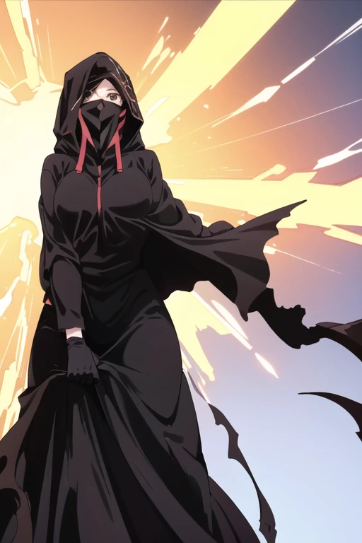 NNAssassinFSF, 1girl, solo, black hair, long cape sleeves, sleeves covered hands, long skirt, robe dress, long cape, cape, black cloak, hood up, black robe, covered mouth, white gloves, mask, hooded cloak, ((masterpiece, best quality)), from below, happy eyes