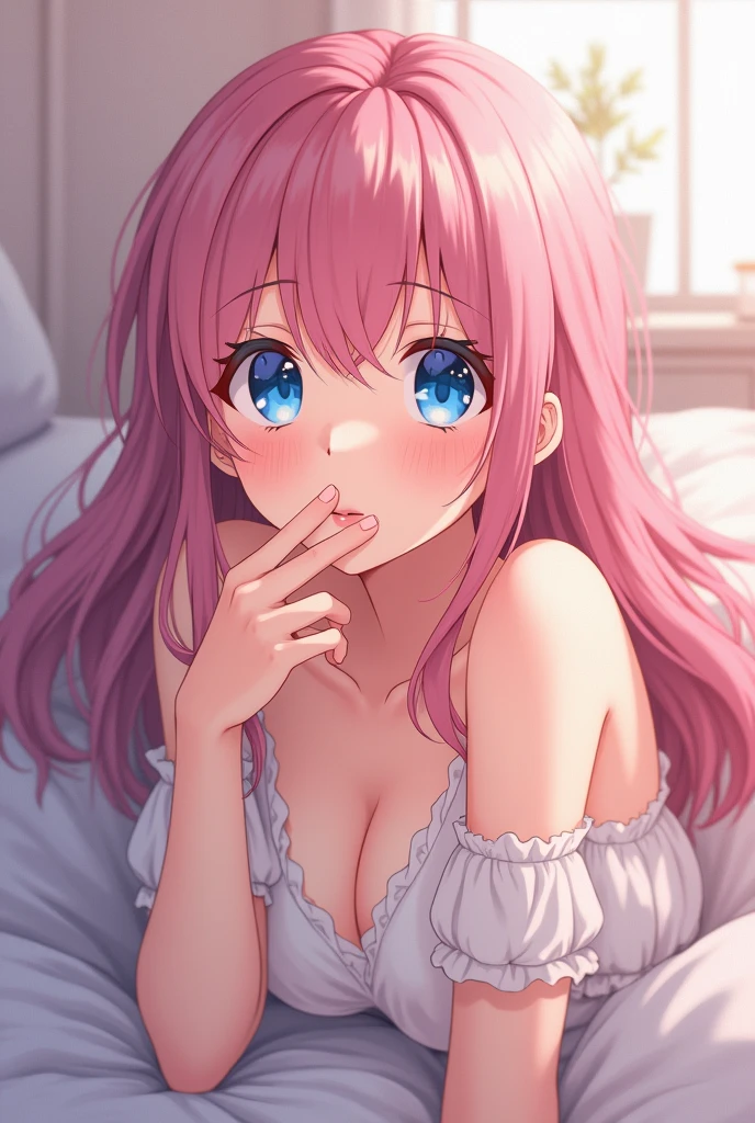 blue eyes pink hair cat anime girl öpücük eliyle yatakta uzanarak