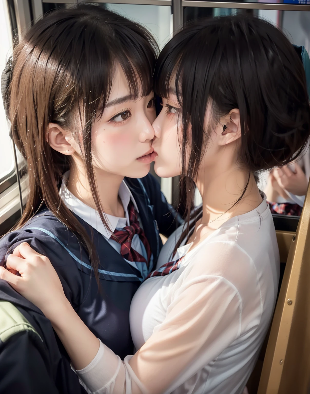 8k,masterpiece,Japanese,best quality, (schoolgirls:1.6), (kissing:1.3), (crowded train:1.5), reluctantly, (blush:1.1), (breasts:1.2)