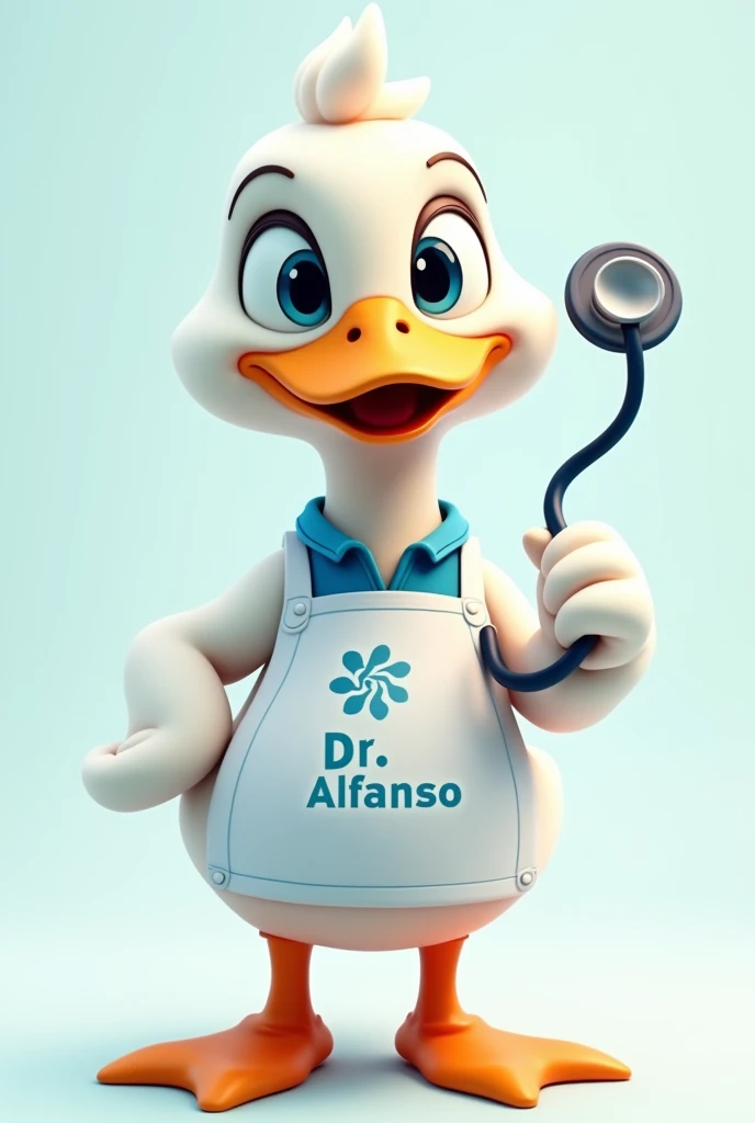 Create a duck with stethoscope,white and blue apron ,for pharmaceutical company,logo appearance,Dr. Alfanso written, front view , eye catching appearance,
