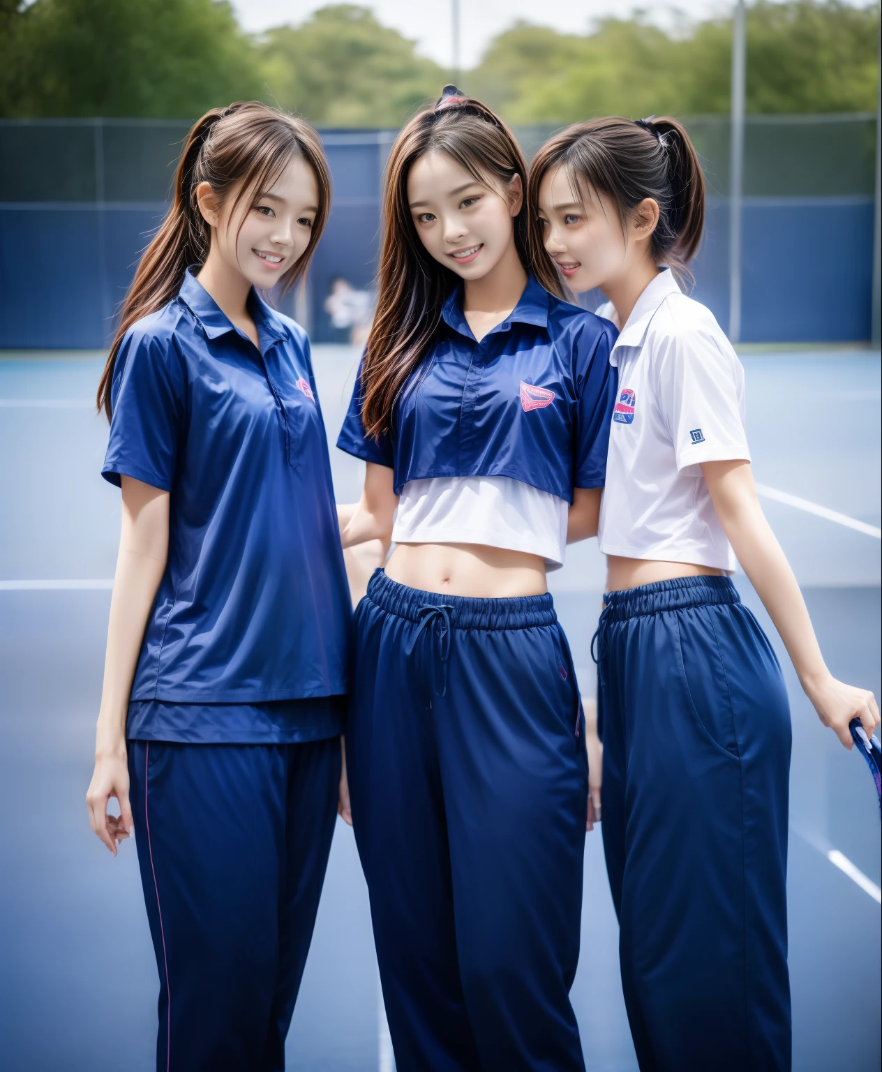 3 girls play tennis at tennis courts, Navy blue short-sleeved shirt,Navy Long Trackpant,Sweatpants, Sweatpantsขายาว,25 year old girl, lesbian, sexy, exercise clothes, wet body, exercise clothes
