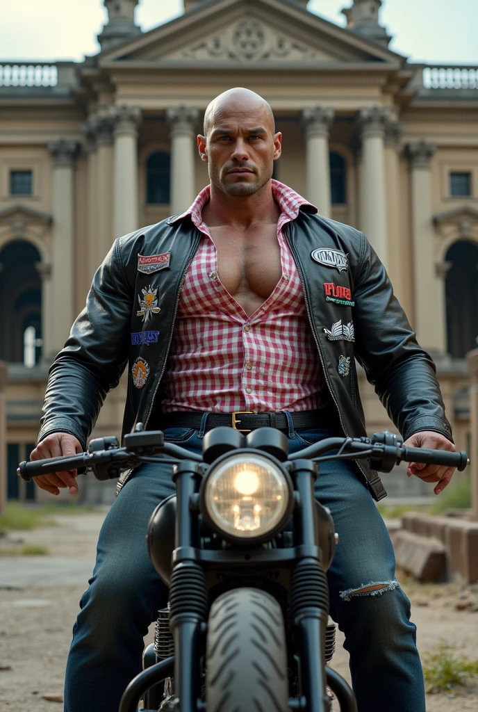 Body builder bald white men wearing unbuttoned pink double pocket check shirt and black leather jacket with logos on heavy motor bike outside an abandoned old palace