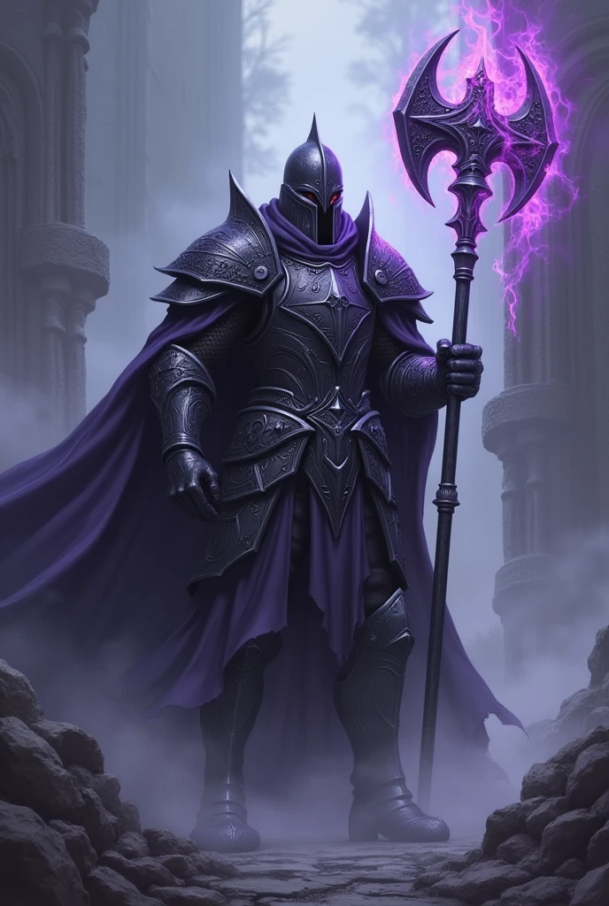 Dark paladin in the fog with halberd covered in purple fire