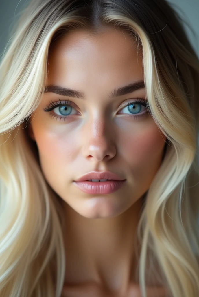 Create a close-up portrait of a stunningly beautiful European woman with fair, flawless skin, and deep blue eyes. She has long, flowing blonde hair with soft waves that frame her face. Her facial features are delicate and symmetrical, with high cheekbones, a well-defined jawline, and full lips with a natural pink hue. The lighting should be soft and flattering, enhancing her natural beauty, and the background should be neutral to keep the focus on her face. She should have a calm and serene expression, exuding elegance and grace.