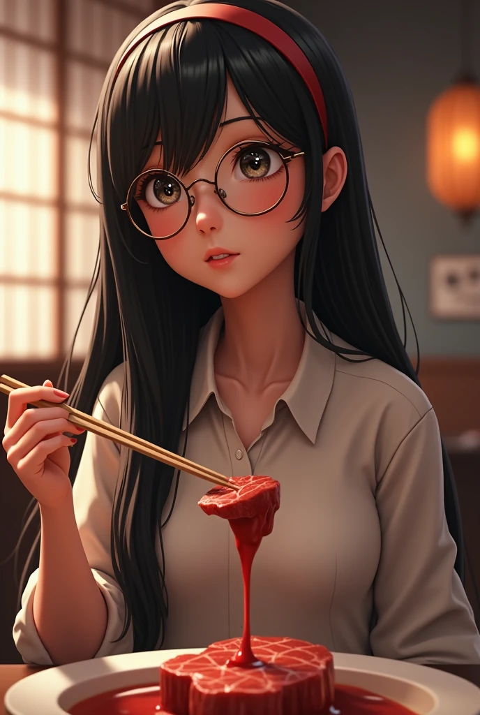 Wearing glasses, 1 Japan, Long Hair, High resolution, Small breasts, vision, Black Hair, Anatomically correct, Sparkling eyes, Eyebrows hidden under hair, hair band, Long shirt dress, Full body portrait,Long Hair, look up, Portrait Photography, 3D Rendering, Eat delicious steak,The chopsticks are thin,